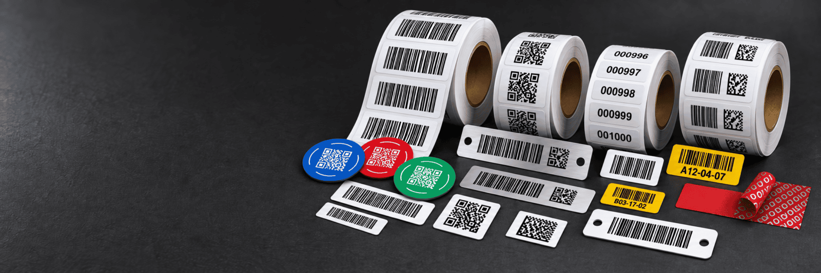 Printed QR code discs, barcode labels and sequentially numbered tags